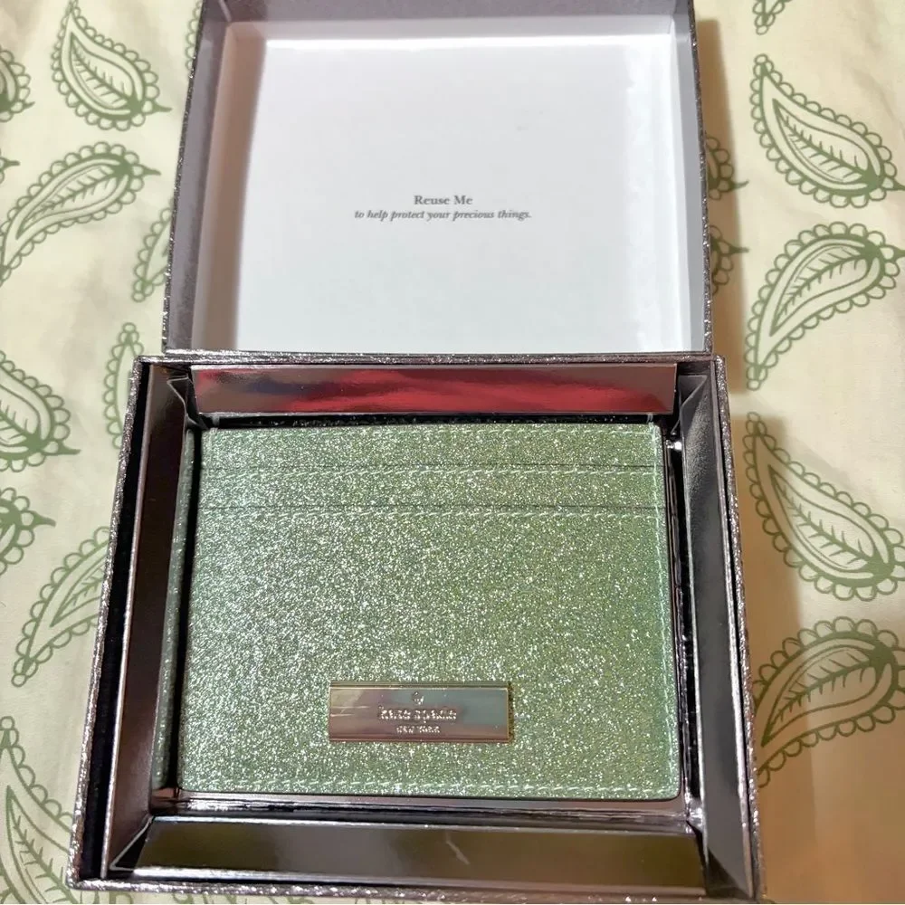 Kate Spade New York Sparkle Kenzie Glitter Card Case Seawater Mint Green OS NIB